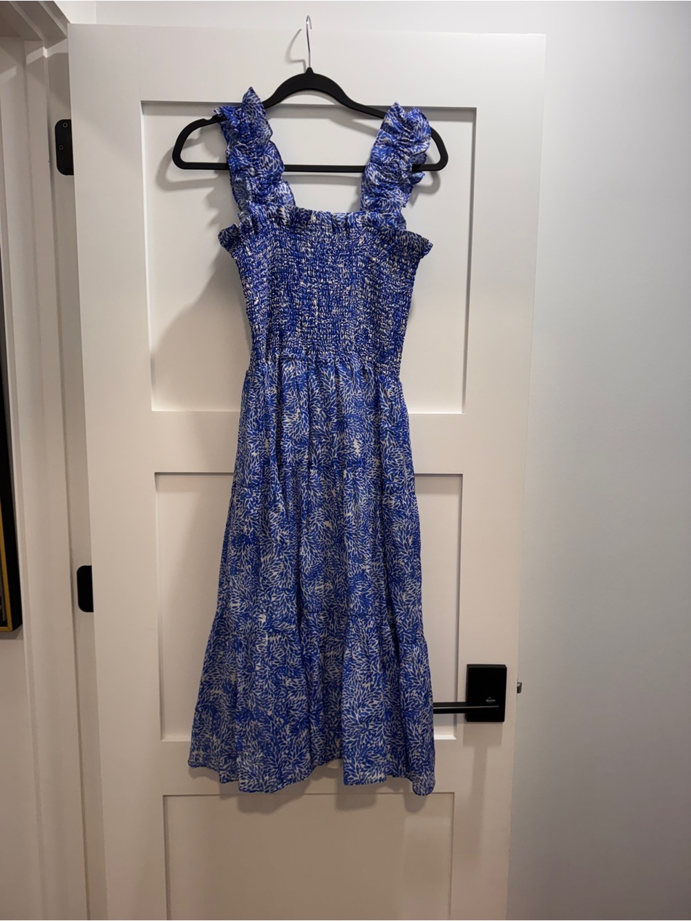 Amanda Uprichard Blue Printed Smocked Midi Dress with Ruffle Straps small - Picture 1 of 3